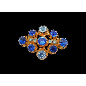 Vintage Made in Austria Blue and Aqua Rhinestone Brooch Gold Tone